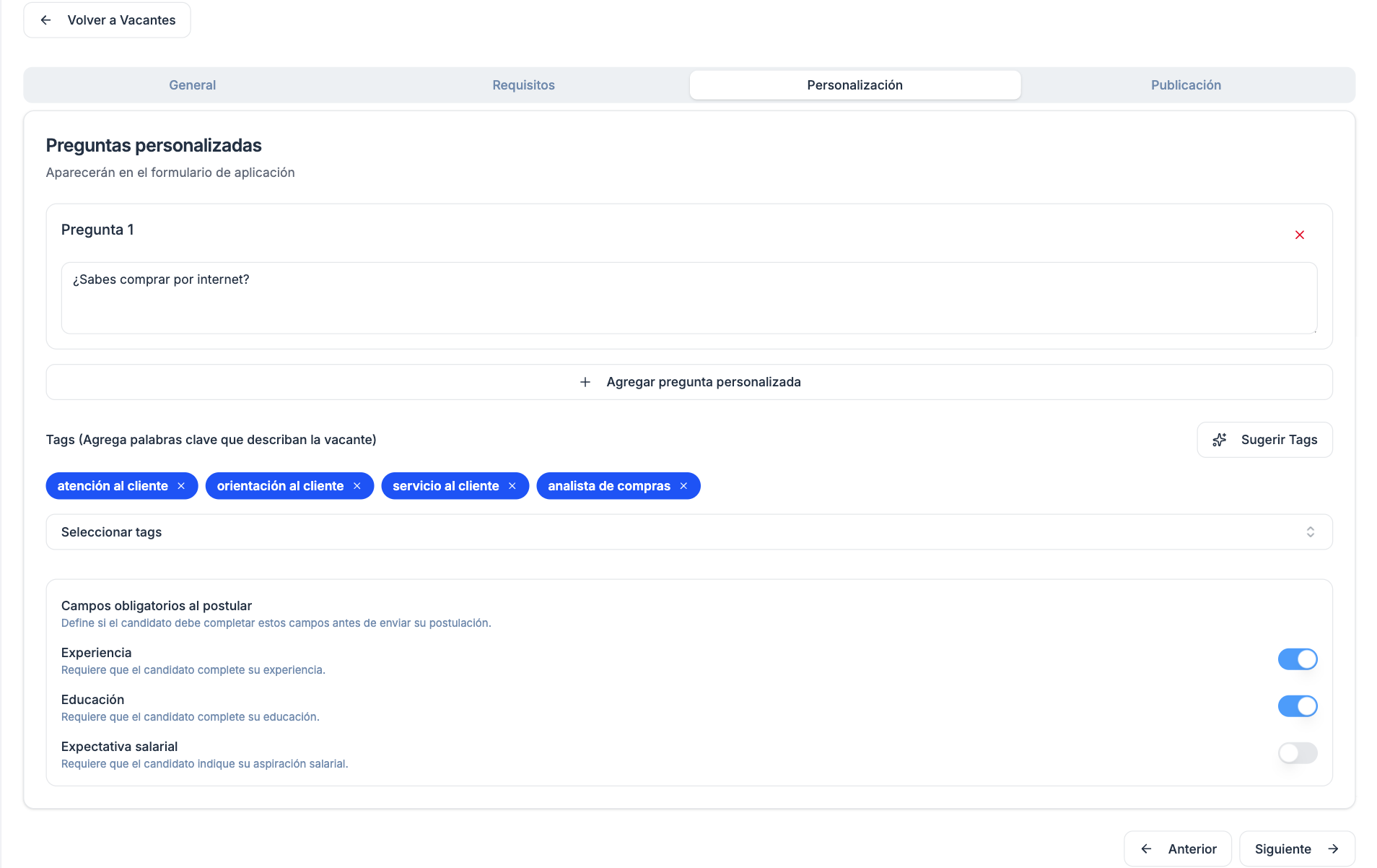Preguntas personalizadas para cada vacante